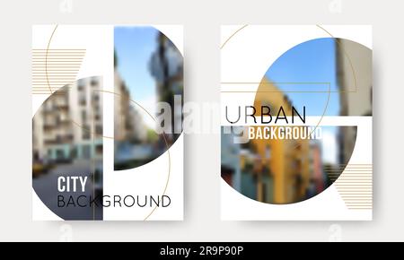 Insieme vettoriale di sfondi urbani sfocati. Raccolta di modelli City Unfocus per il design di viaggi, volantini, presentazioni, brochure, banner, poster Illustrazione Vettoriale