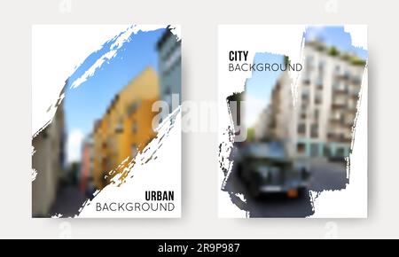 Insieme vettoriale di sfondi urbani sfocati. Raccolta di modelli City Unfocus per il design di viaggi, volantini, presentazioni, brochure, banner, poster Illustrazione Vettoriale