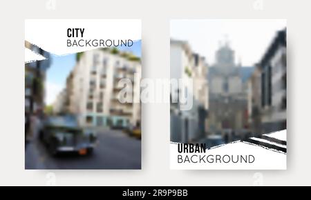 Insieme vettoriale di sfondi urbani sfocati. Raccolta di modelli City Unfocus per il design di viaggi, volantini, presentazioni, brochure, banner, poster Illustrazione Vettoriale