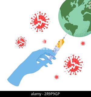 Illustrazione vettoriale della mano del medico con siringa che fa iniezione, globo terrestre e Coronavirus distrutto isolato su sfondo bianco. Concetto di vacci Illustrazione Vettoriale