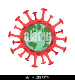 Illustrazione vettoriale del globo terrestre e del coronavirus che si diffonde isolato su sfondo bianco. Concetto di vaccinazione, campagna di immunizzazione, lotta contro l'again Illustrazione Vettoriale