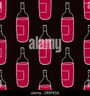 Modello Vector senza cuciture con bottiglie di vino. Sfondo per il design del menu di caffè, bar o ristoranti, degustazione di vini, carta dei vini, Web, striscioni Illustrazione Vettoriale