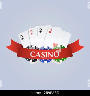 Illustrazione del casinò vettoriale con nastro, carte da gioco e patatine Illustrazione Vettoriale