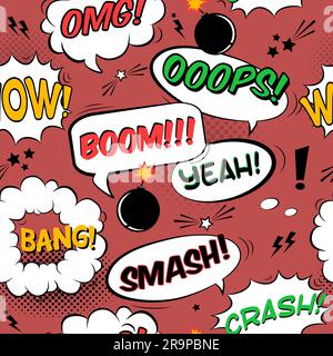 Motivo vettoriale e senza cuciture della pagina dei fumetti con vari fumetti, raggi, stelle, punti, sfondo a mezzitoni Illustrazione Vettoriale