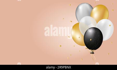 Design natalizio con palloncini realistici in oro e nero, coriandoli luminosi. Su sfondo scuro. Elegante poster, copertina, banner, sito Web, app mobile Illustrazione Vettoriale