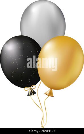 Bouquet con palloncini 3d trasparenti e realistici in oro, colore nero su sfondo festivo.elegante poster, copertina, banner, sito Web, applicazione mobile Illustrazione Vettoriale
