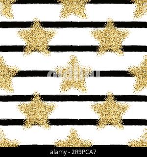 Motivo vettoriale senza cuciture con stelle glitter dorate e strisce nere Illustrazione Vettoriale
