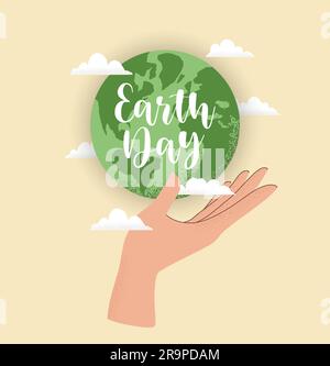 Illustrazione vettoriale della mano umana che regge il globo terrestre con nuvole. Scritta Earth Day. Concetto di giornata mondiale dell'ambiente, riciclo, sostenibilità, eco Illustrazione Vettoriale