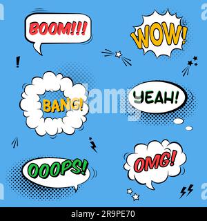 Set vettoriale con fumetti con effetti sonori, stelle e ombre a mezzitoni Illustrazione Vettoriale