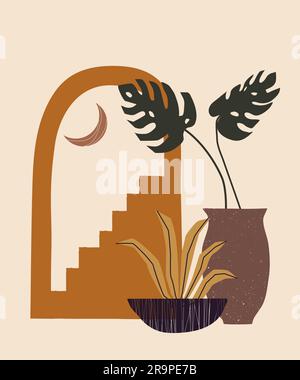 Composizione vettoriale contemporanea con piante astratte estetiche disegnate a mano, vasi, scale marocchine, archi. Creativo conte minimalista bohémien di metà secolo Illustrazione Vettoriale