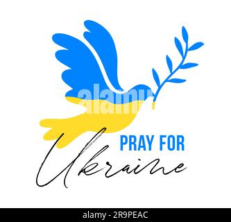 Illustrazione vettoriale della colomba volante blu e gialla come simbolo di pace con pregare per l'Ucraina scritta isolata su sfondo bianco. Ferma War co Illustrazione Vettoriale