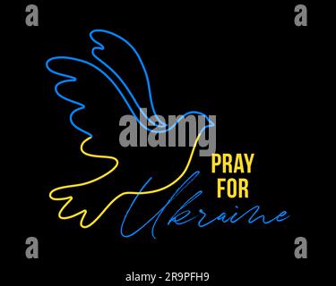 Illustrazione vettoriale della colomba volante blu e gialla come simbolo di pace con pregare per l'Ucraina scritta isolata su sfondo nero. Ferma War co Illustrazione Vettoriale