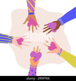 Illustrazione vettoriale di tendenza con mani diverse che tengono il cuore. Concetto di dare e condividere amore alle persone, volontariato, beneficenza, cooperazione Illustrazione Vettoriale