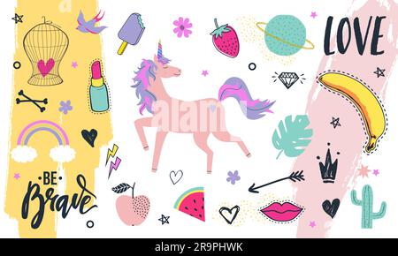 Collezione Vector Modern di elementi decorativi disegnati a mano in stile doodle alla moda - frutta, animali, piante, simboli. Set vettoriale colorato per W Illustrazione Vettoriale