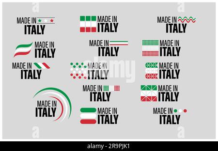 Set di grafica ed etichette Made in Italy. Elemento di impatto per l'uso che si desidera farne. Illustrazione Vettoriale
