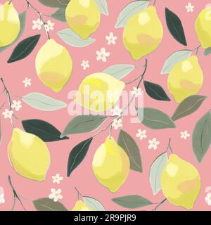 Motivo floreale al limone. Ramo d'albero disegnato a mano con limoni maturi, foglie e fiori su sfondo rosa. Illustrazione vettoriale Illustrazione Vettoriale