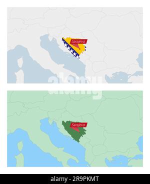 Mappa della Bosnia ed Erzegovina con la spilla della capitale del paese. Due tipi di mappa della Bosnia ed Erzegovina con i paesi vicini. Modello vettoriale. Illustrazione Vettoriale