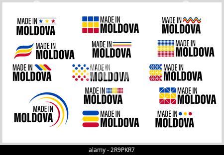 Set di grafica ed etichette Made in Moldova. Elemento di impatto per l'uso che si desidera farne. Illustrazione Vettoriale