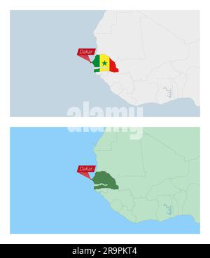 Mappa del Senegal con la spilla della capitale del paese. Due tipi di mappa del Senegal con i paesi vicini. Modello vettoriale. Illustrazione Vettoriale