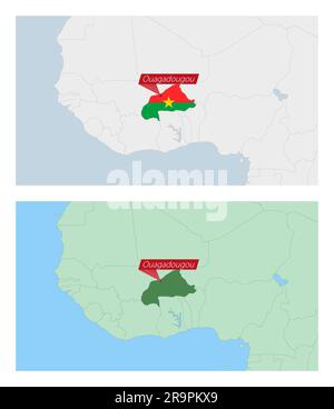 Burkina Faso mappa con spillo della capitale del paese. Due tipi di mappa Burkina Faso con i paesi vicini. Modello vettoriale. Illustrazione Vettoriale