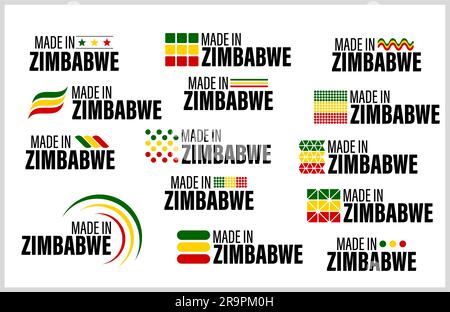 Set di grafica ed etichette Made in Zimbabwe. Elemento di impatto per l'uso che si desidera farne. Illustrazione Vettoriale