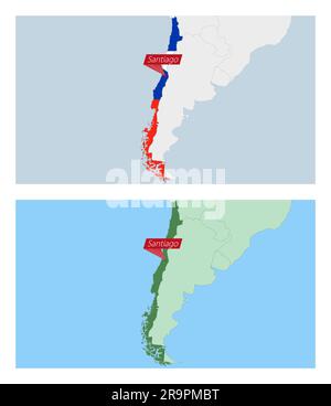 Mappa del Cile con pin della capitale del paese. Due tipi di mappa del Cile con i paesi vicini. Modello vettoriale. Illustrazione Vettoriale