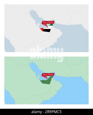 Mappa degli Emirati Arabi Uniti con spillo della capitale del paese. Due tipi di mappa degli Emirati Arabi Uniti con i paesi vicini. Modello vettoriale. Illustrazione Vettoriale