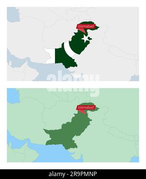 Mappa del Pakistan con pin della capitale del paese. Due tipi di mappa del Pakistan con i paesi vicini. Modello vettoriale. Illustrazione Vettoriale