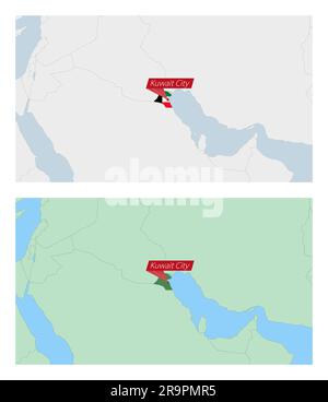 Mappa del Kuwait con pin della capitale del paese. Due tipi di mappa del Kuwait con i paesi vicini. Modello vettoriale. Illustrazione Vettoriale