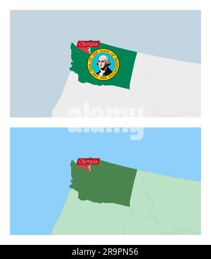 Mappa di Washington con spillo della capitale del paese. Due tipi di mappa di Washington con i paesi vicini. Modello vettoriale. Illustrazione Vettoriale