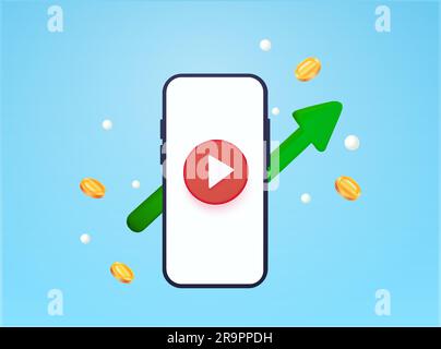 telefono 3d con pulsante di riproduzione video o multimediale, freccia del grafico di crescita, monete, isolato sullo sfondo. Concetto per la crescita del canale video o musicale, aumento degli abbonati, visualizzazioni, reddito. illustrazione vettoriale 3d. Illustrazione vettoriale Illustrazione Vettoriale