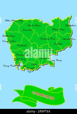 Mappa della Cambogia con sottoregioni in verde nome paese in rosso Foto Stock