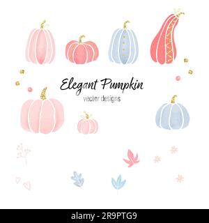 Simpatiche zucche rosa disegnate a mano, splendido design con dettagli e decorazioni in oro, perfette per le stampe di ringraziamento Illustrazione Vettoriale