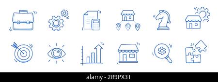Set di icone per gli scarabocchi delle piccole e medie imprese. Icona di stile per schizzi disegnati a mano per aziende di piccole e medie dimensioni. Partenariato locale, strategia economica, concetto di franchising. Illustrazione vettoriale. Illustrazione Vettoriale