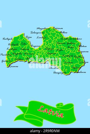Mappa della Lettonia con sottoregioni in verde nome paese in rosso Foto Stock