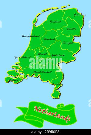 Mappa dei Paesi Bassi con sottoregioni in verde nome paese in rosso Foto Stock