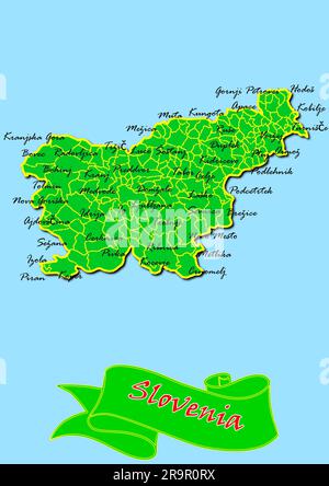 Mappa della Slovenia con sottoregioni in verde nome paese in rosso Foto Stock
