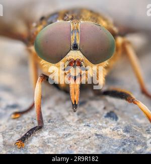 Dark Giant Horfly Tabanus sudeticus una grande mosca dell'ordine Diptera che ha la particolarità di essere la mosca più pesante d'Europa - Galles Regno Unito Foto Stock