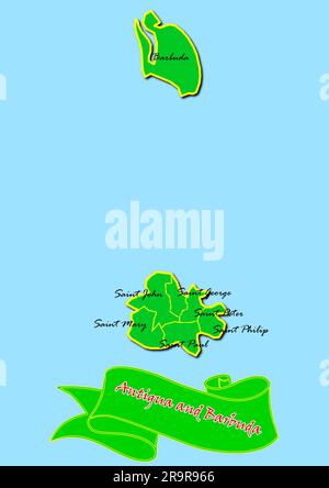 Mappa di Antigua e Barbuda con sottoregioni in verde nome paese in rosso Foto Stock