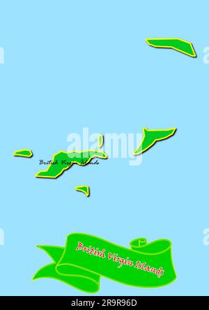 Mappa delle Isole Vergini britanniche con sottoregioni in verde nome paese in rosso Foto Stock