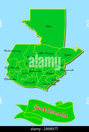 Mappa del Guatemala con sottoregioni in verde nome paese in rosso Foto Stock