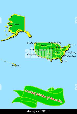 Mappa degli Stati Uniti d'America con sottoregioni in verde nome paese in rosso Foto Stock