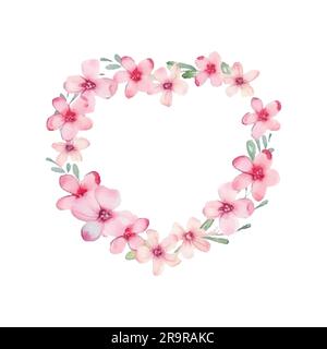 Fiori rosa. Corona a forma di cuore. Biglietto d'auguri con fiori ad acquerello su sfondo bianco. illustrazione. Cornice per san valentino Illustrazione Vettoriale