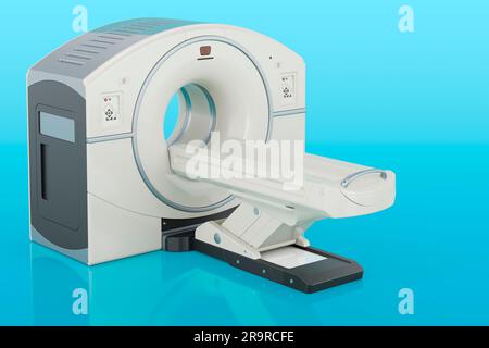 Scanner PET, tomografia a emissione di positroni. Rendering 3D su sfondo blu Foto Stock