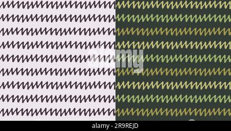 Linea tracciata, motivo a zig-zag senza cuciture Set di 2. Stile a doodle disegnato a mano, linea marcatore, tratto pennello. Tavolozza di colori grigio-verde Illustrazione Vettoriale