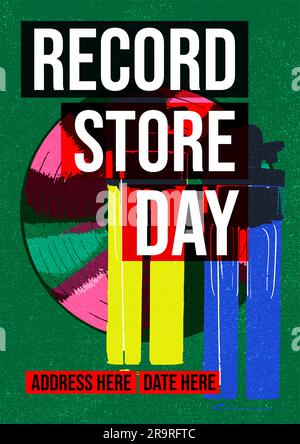 Modello di volantino per poster del giorno del record Store, il design della t-shirt registra musica retrò in vinile Illustrazione Vettoriale