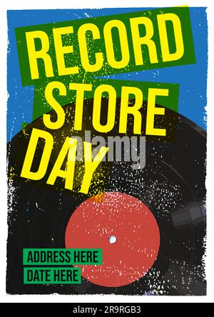 Modello di volantino per poster del giorno del record Store, il design della t-shirt registra musica retrò in vinile Illustrazione Vettoriale