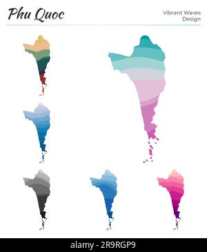 Set di mappe vettoriali di Phu Quoc. Design dalle onde vibranti. Mappa luminosa dell'isola in stile geometrico con curve lisce. Illustrazione Vettoriale