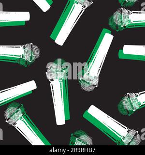 Modello senza cuciture con microfono o microfono. Sfondo musicale per tessuti, vestiti, carta da imballaggio, carta da parati. sfondo rosso con elemento musicale karaoke Illustrazione Vettoriale