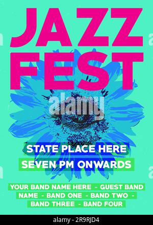 festival o festival di musica jazz, poster di concerti jazz notturni, opuscolo o volantino o opuscolo, fiori di sole arancioni e tema occhi con lista di band ospiti Illustrazione Vettoriale